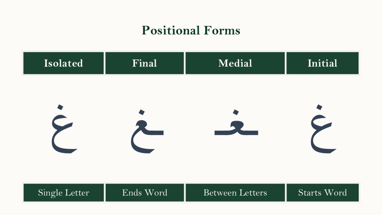 Comparison panel showing the isolated, initial, medial, and final forms of the Arabic letter ghayn
