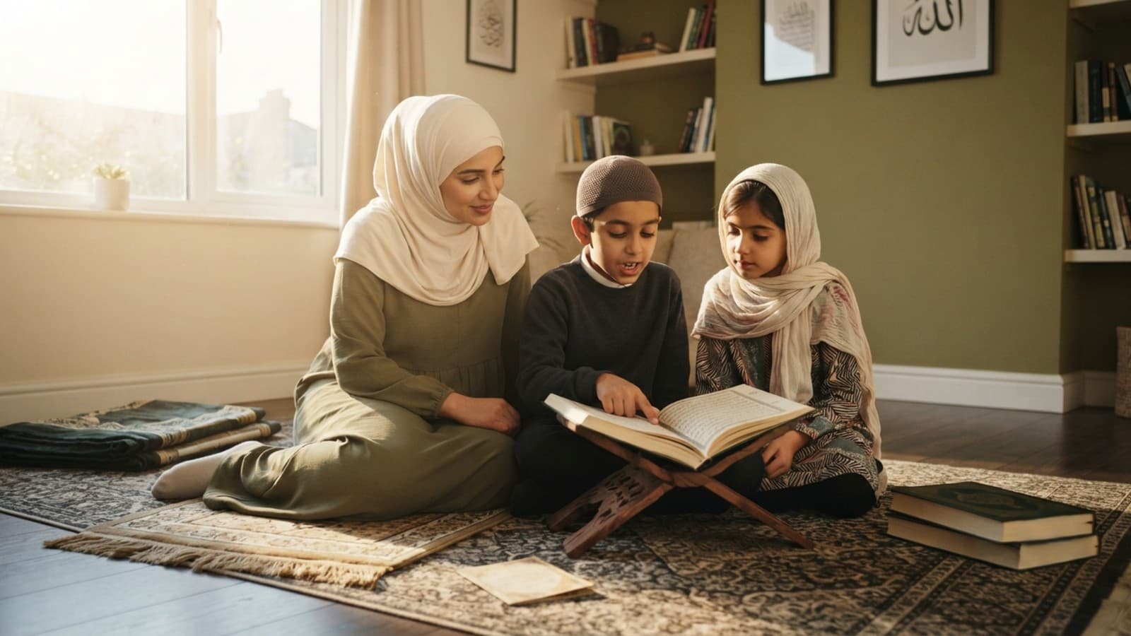 parent and child reading Quran together on a prayer mat during a quiet family Quran morning