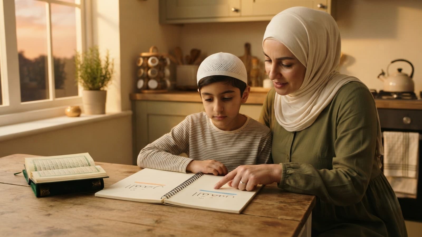 A student compares lām shamsiyyah and qamariyyah letters in a Tajweed notebook
