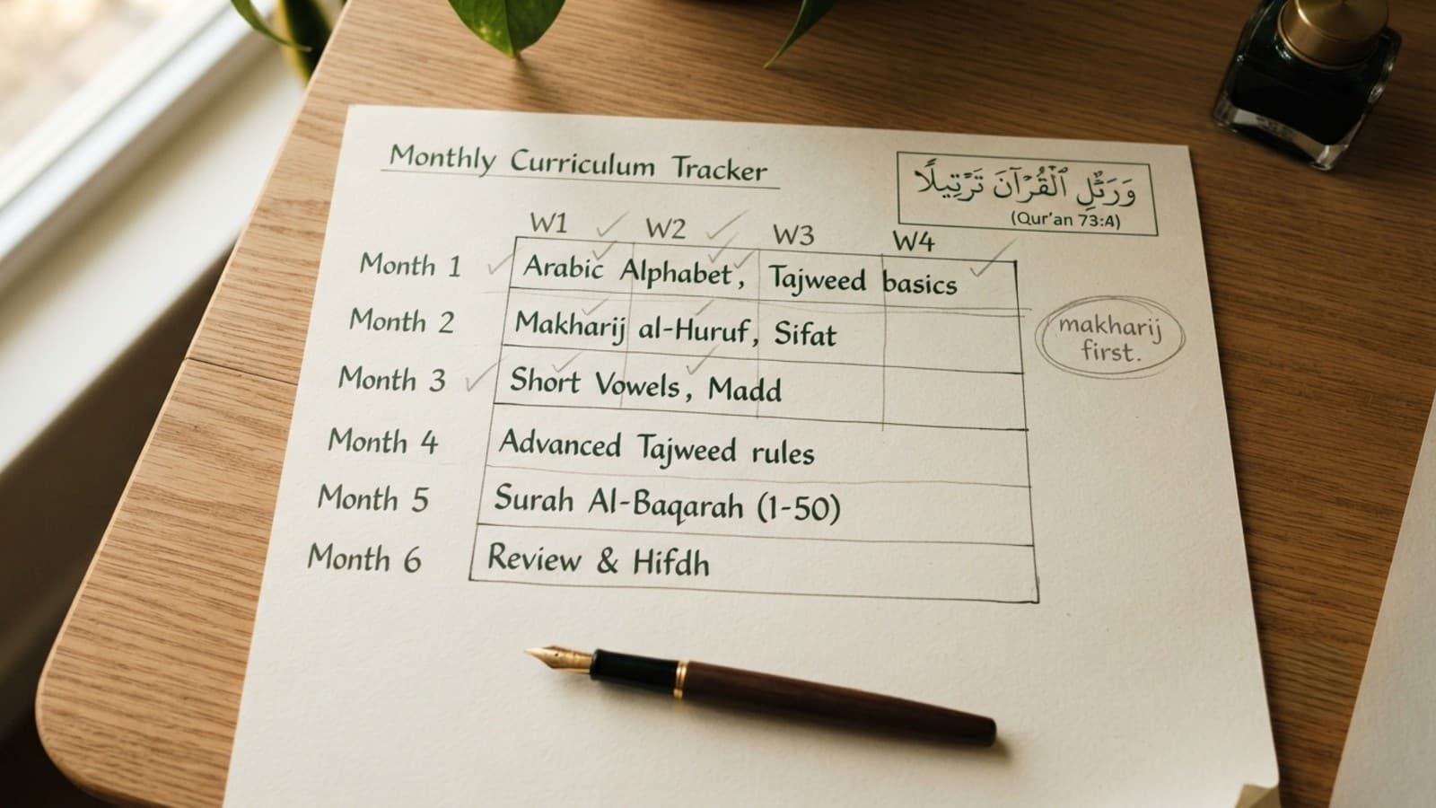 Adult learner's online Quran course for adults curriculum page, annotated Tajweed notes and pen nearby