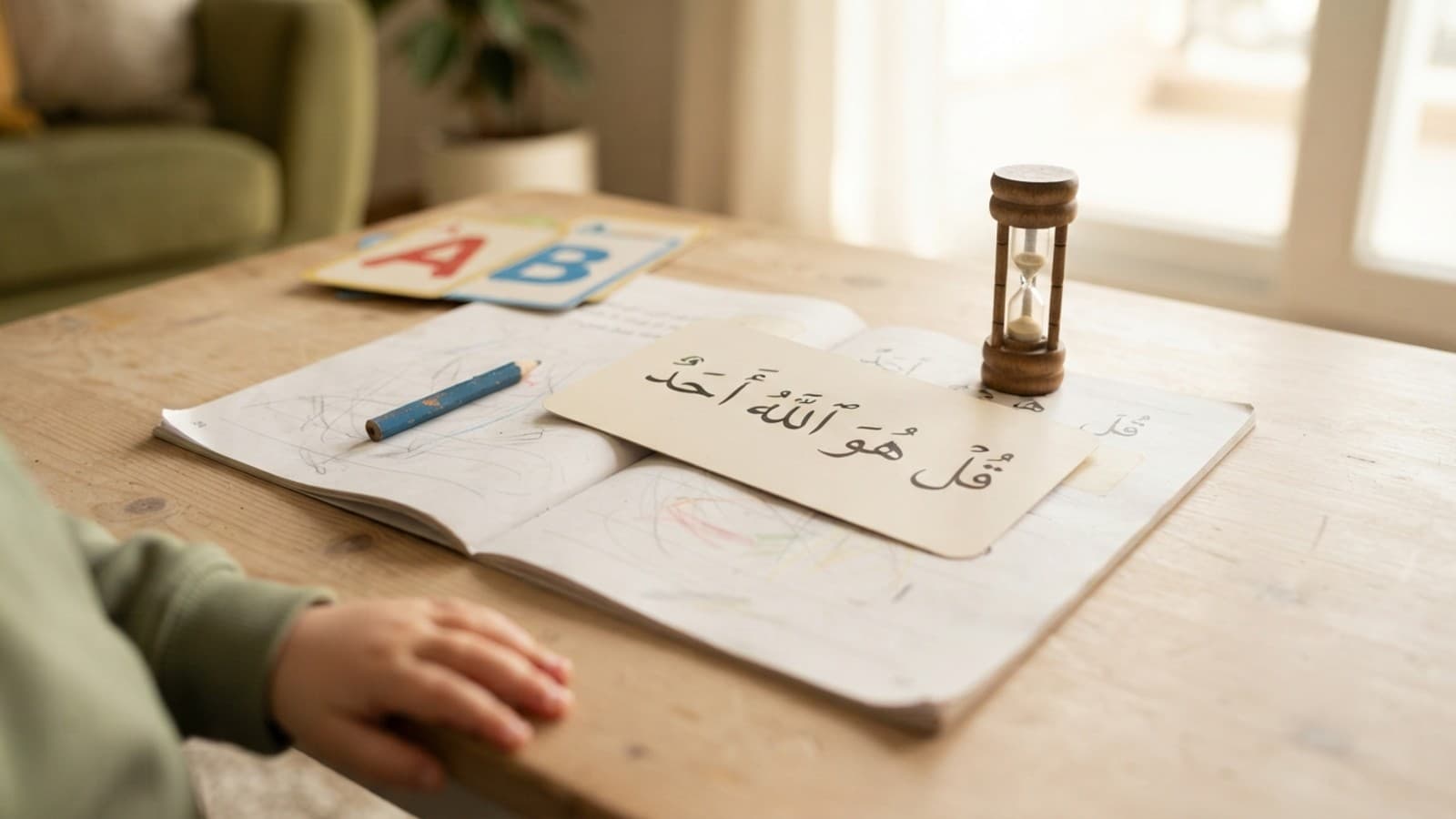 Young child pointing at Arabic letters during a Quran for 5 year olds lesson at home