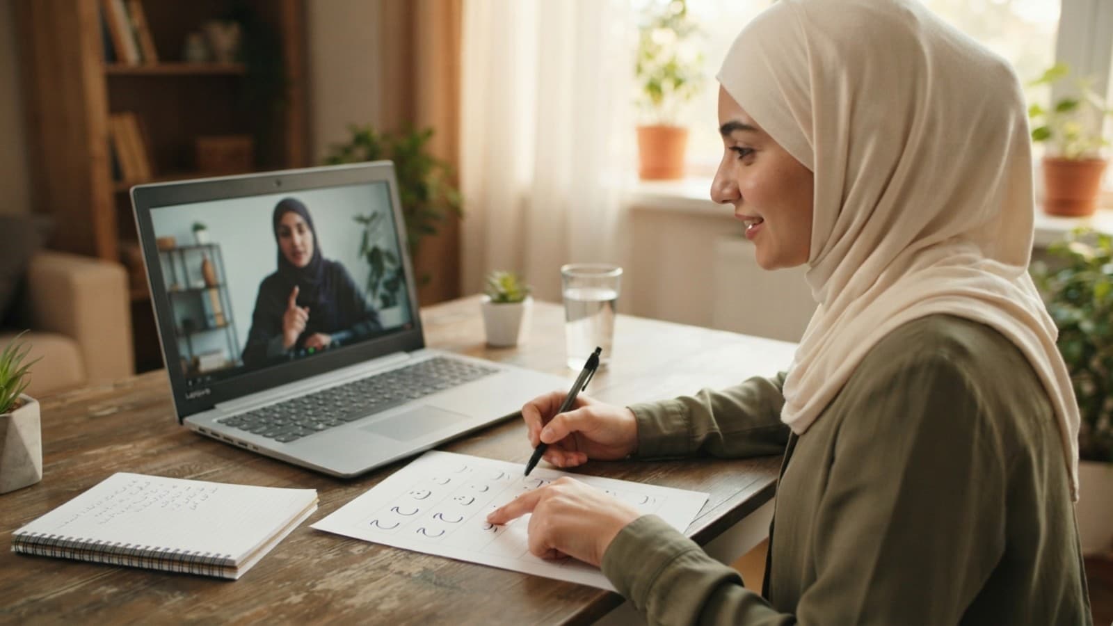Muslim student practicing the Arabic alphabet at a desk during a one-to-one online lesson