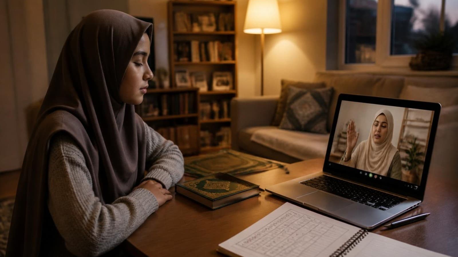 A teenager fixing a Quran memorization mistake during an online lesson with her teacher