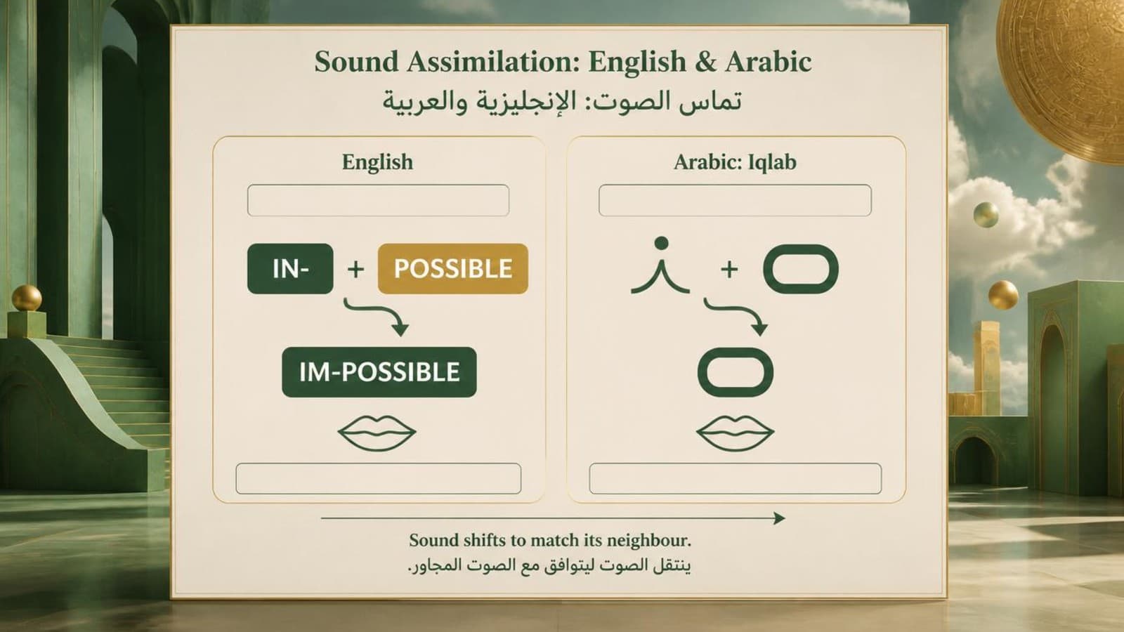 Side-by-side comparison chart showing English sound assimilation next to Arabic Iqlab assimilation