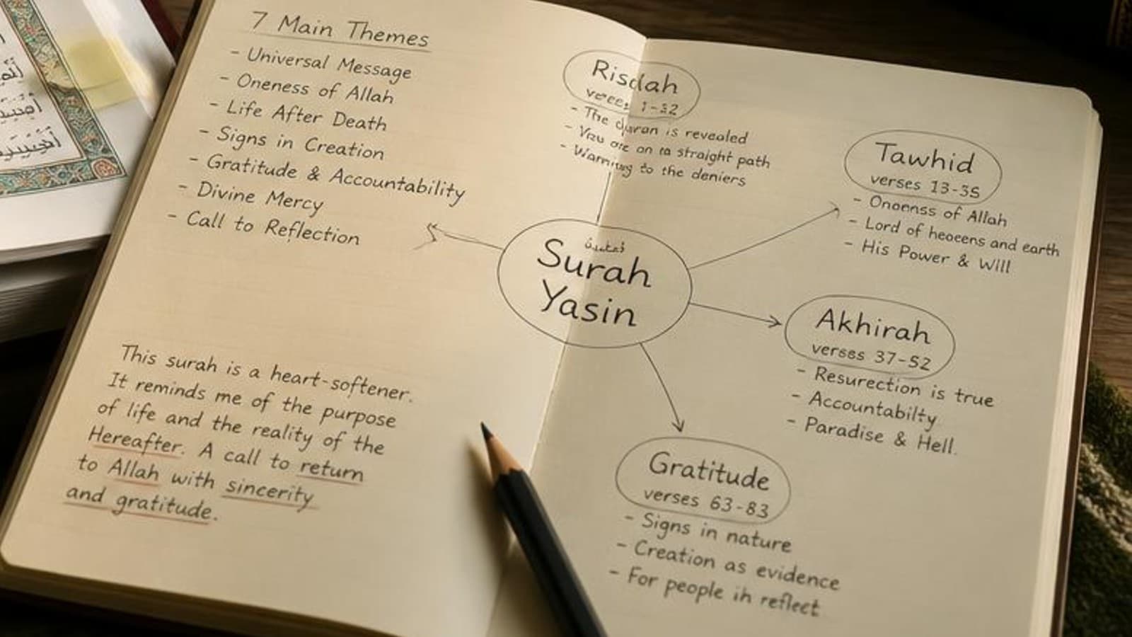 Open Quran and marked notebook showing Surah Yasin tafsir study notes and themes